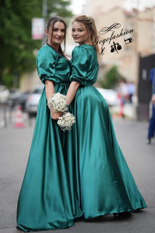 Rochie elegantă din satin Grecia Maneci 3 4 și crăpătură pe picior 2 Rochie elegantă din satin Grecia Maneci 3 4 și crăpătură pe picior 2