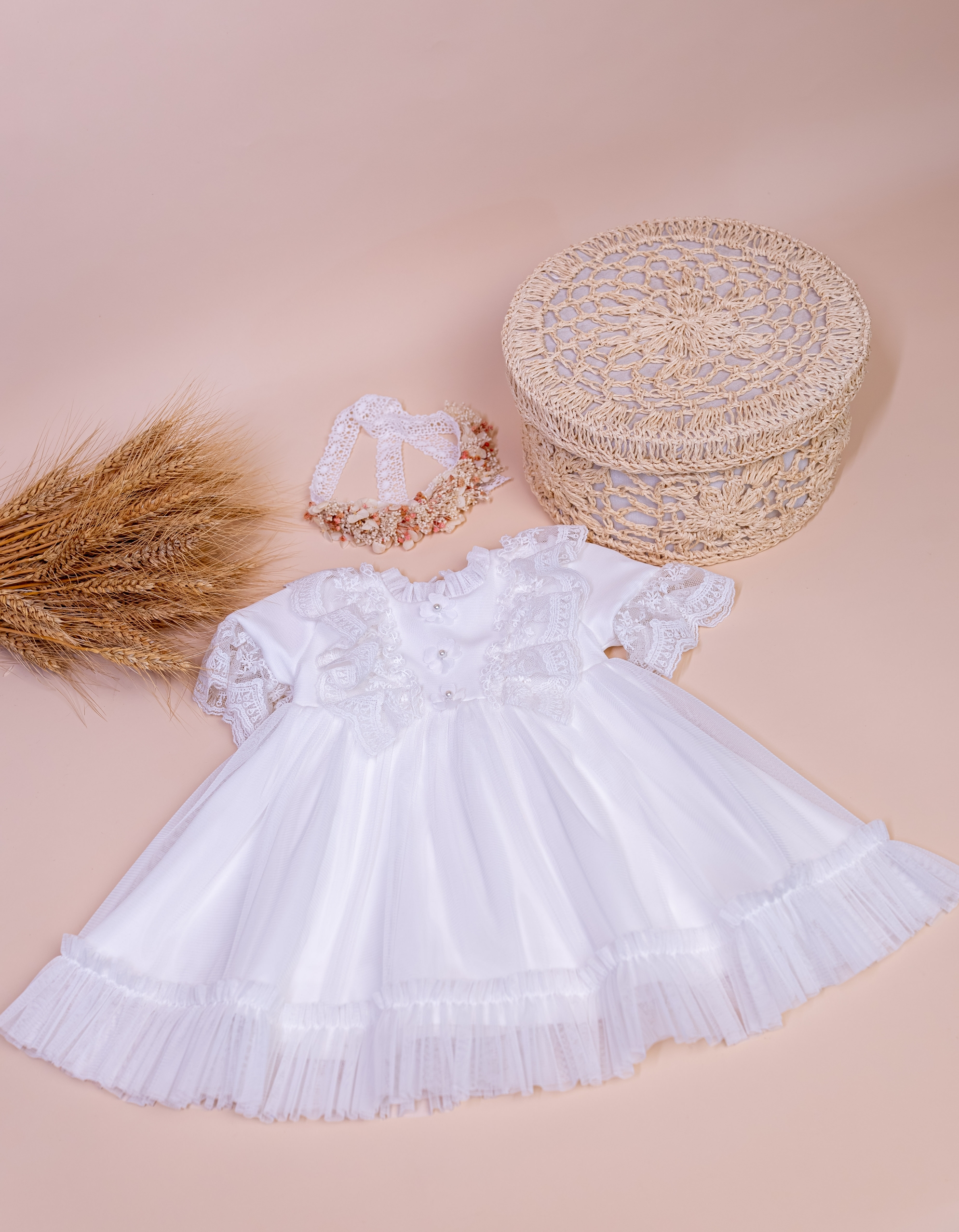 Rochiță botez Lena elegantă din stofă, tulle și dantelă